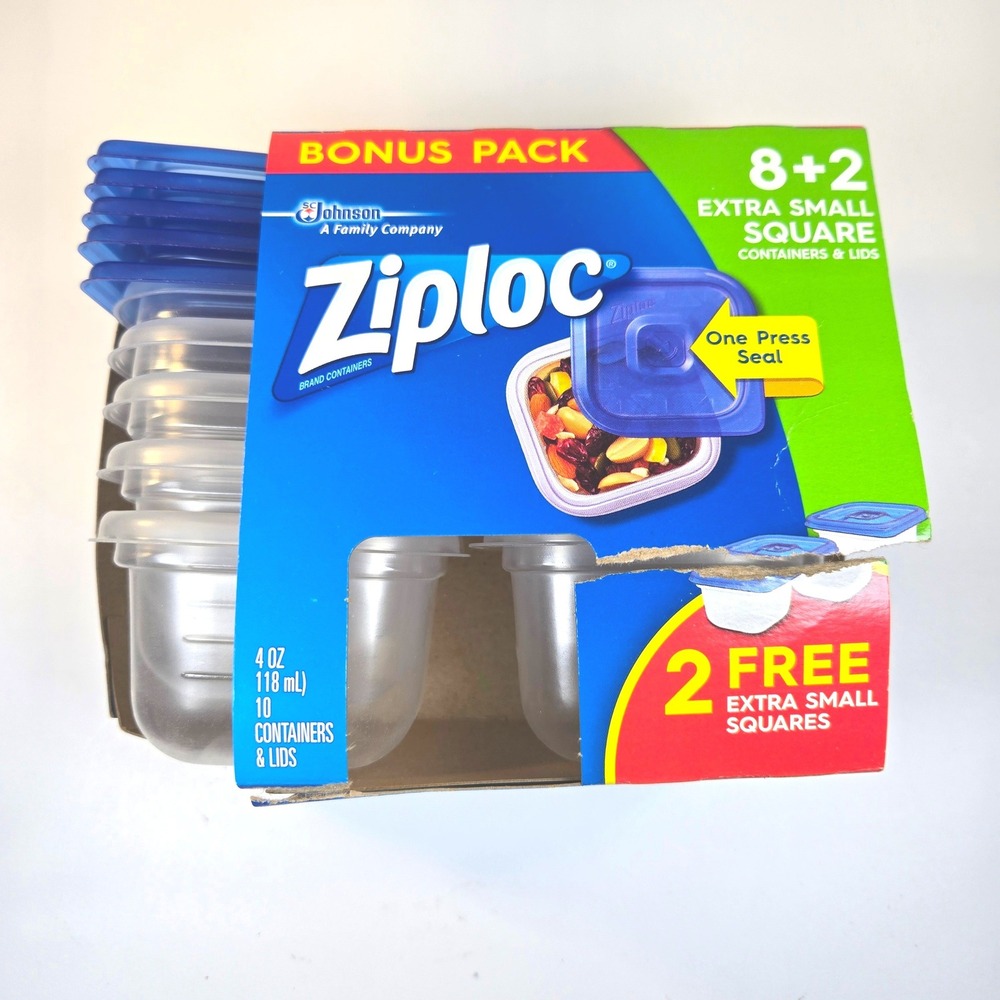 Ziploc Extra Small Square Containers 4oz 10 Count One Press Seal Clear Blue